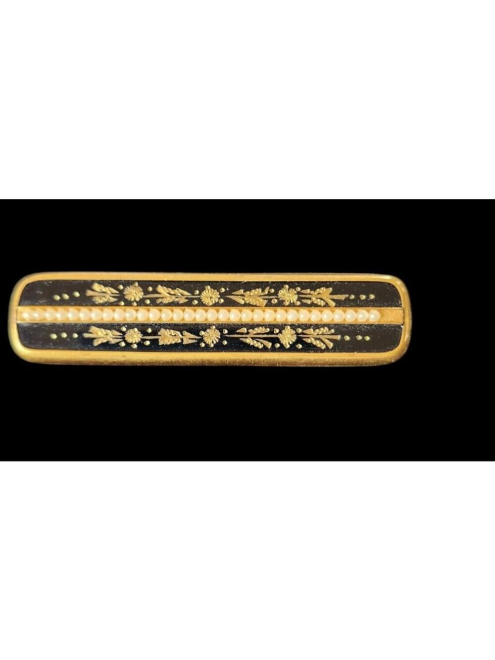 Vintage Damascene Bar Pin With Faux Pearl Floral Design Gold Dainty Feminine
